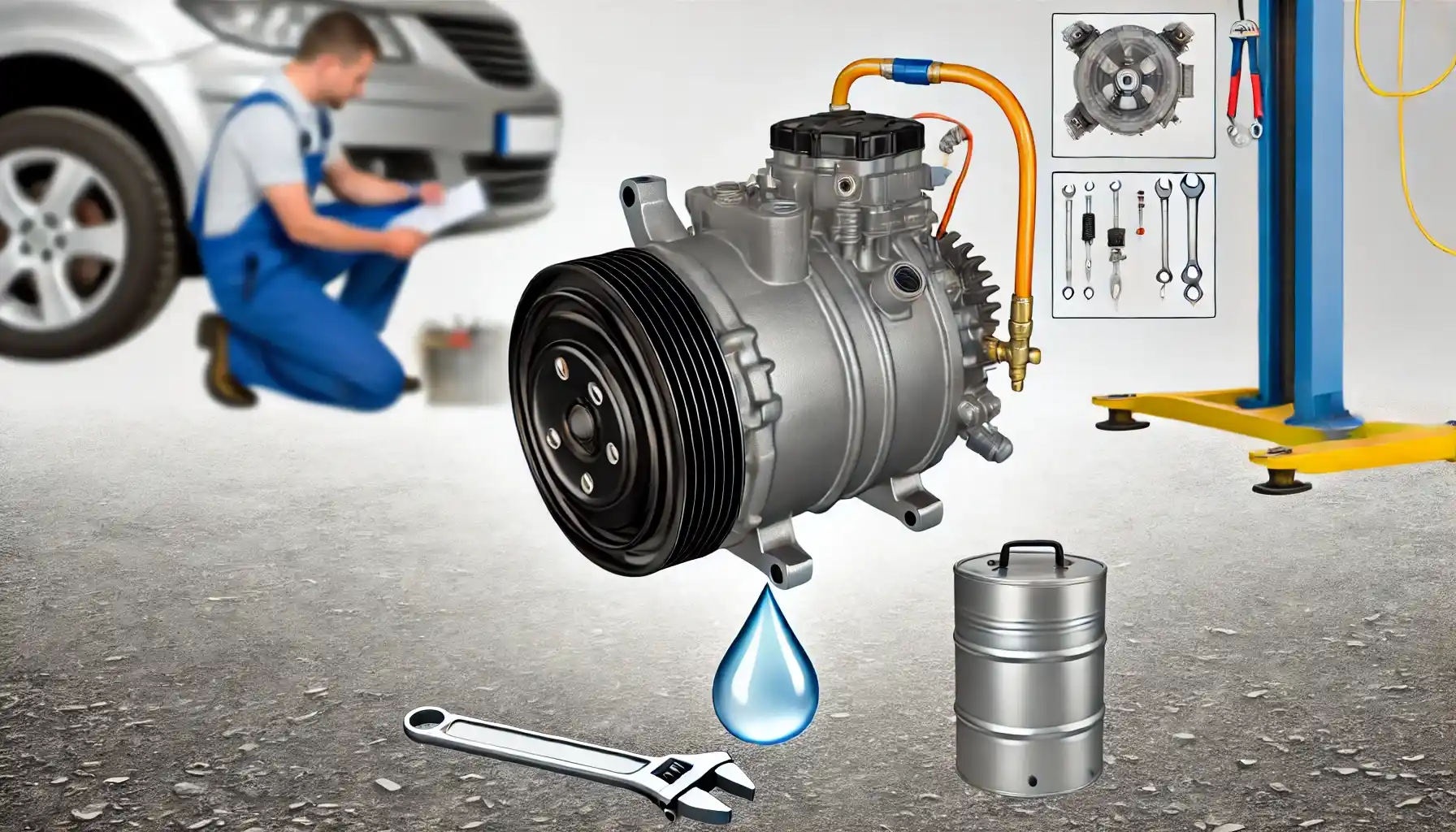 DALL·E 2024-12-09 17.26.30 - A realistic illustration showing a car air conditioning compressor with clear signs of oil leakage. Highlight the oil dripping from the compressor and_1