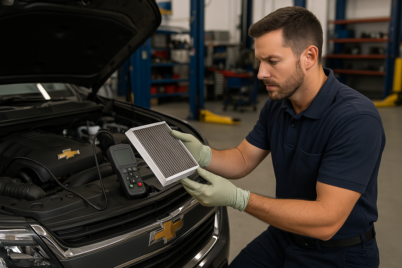 Mecânico realizando manutenção preventiva no ar condicionado da S10